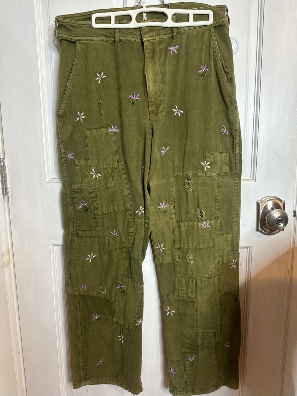 Free People Olive Green Wide Leg Pants with Lilac and white Embroidered flowers